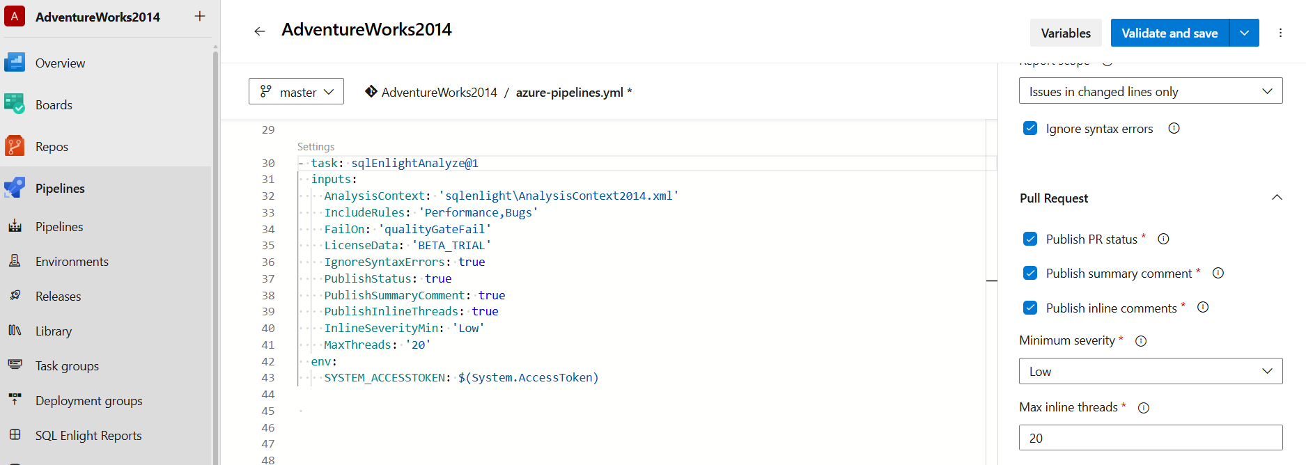 SQL Enlight Analyze task v1 configuration in Azure DevOps pipeline