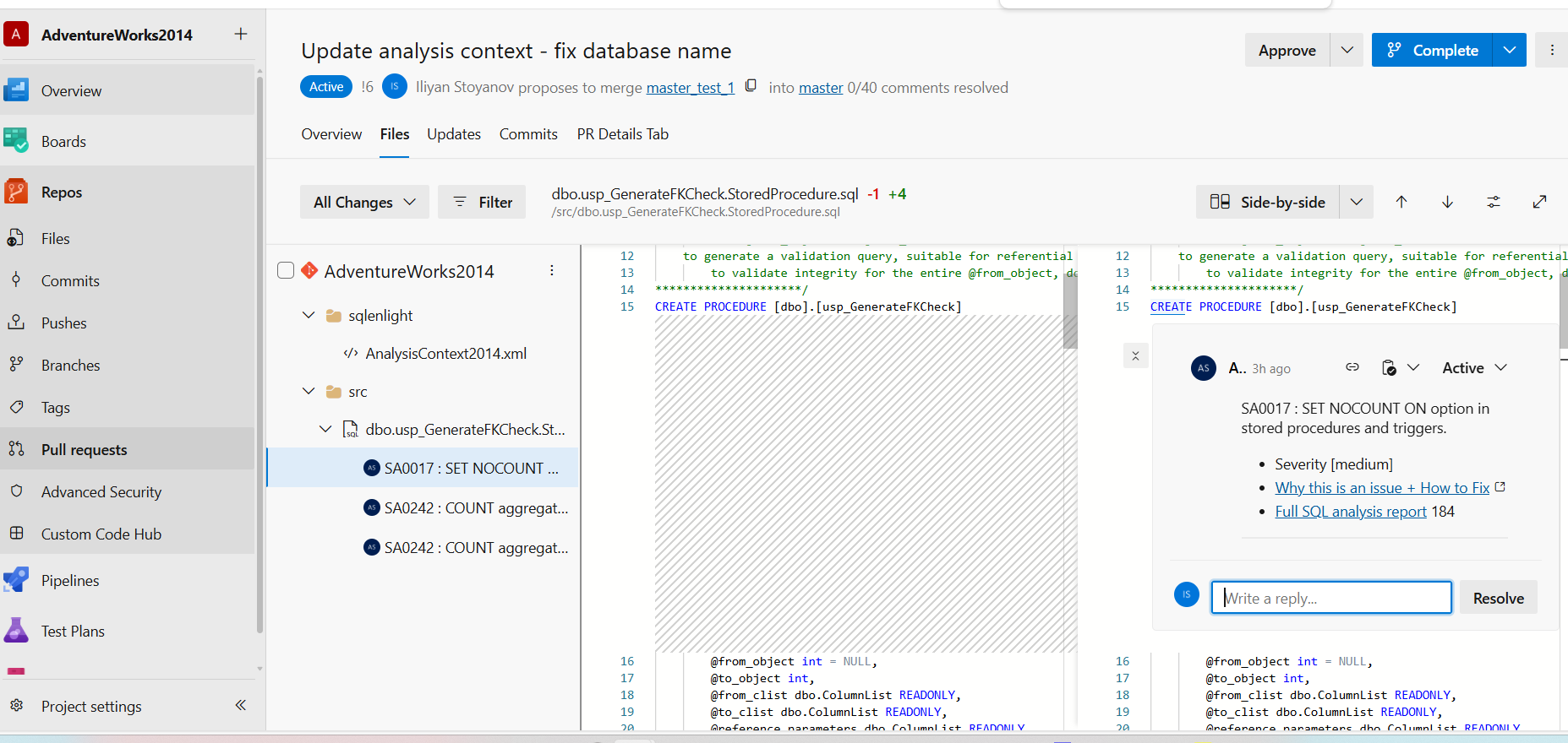 Azure DevOps inline pull request comments on changed code lines